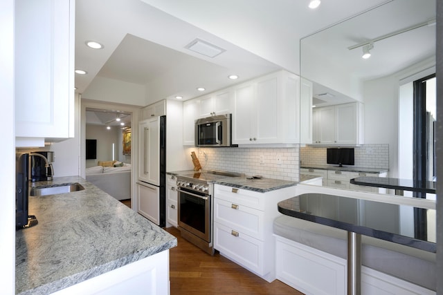 kitchen featuring sink, light stone counters, dark hardwood / wood-style flooring, high quality appliances, and white cabinetry