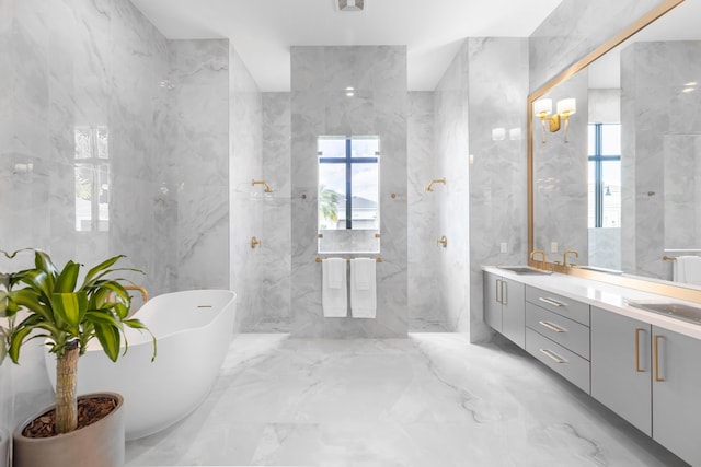 bathroom featuring vanity, tile walls, and a bathing tub