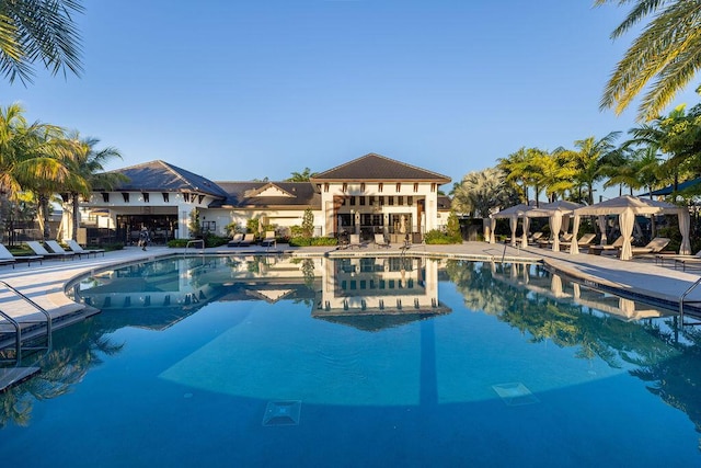 view of swimming pool with a patio