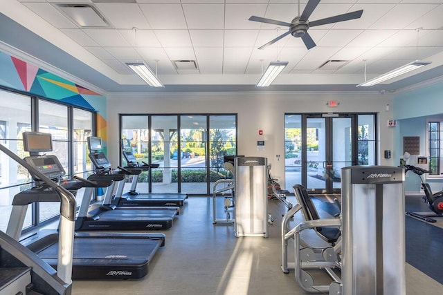 gym featuring a drop ceiling, crown molding, ceiling fan, and a healthy amount of sunlight