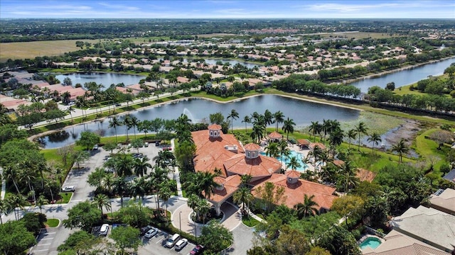 aerial view featuring a water view