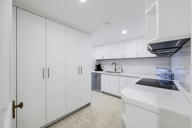 kitchen featuring dishwasher, white cabinetry, sink, light tile floors, and black electric stovetop