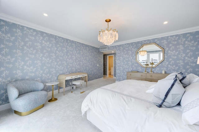 carpeted bedroom with crown molding and a chandelier