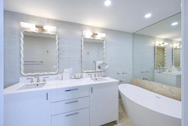 bathroom with tile flooring and double sink vanity