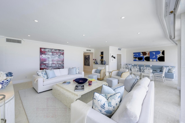 tiled living room with crown molding