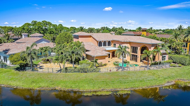 aerial view featuring a water view