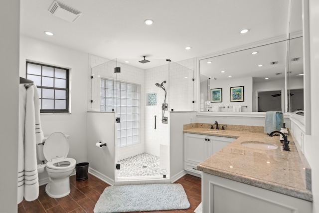 bathroom with a wealth of natural light, toilet, vanity, and tiled shower