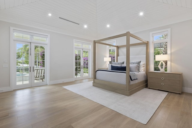 bedroom with multiple windows, access to outside, and french doors