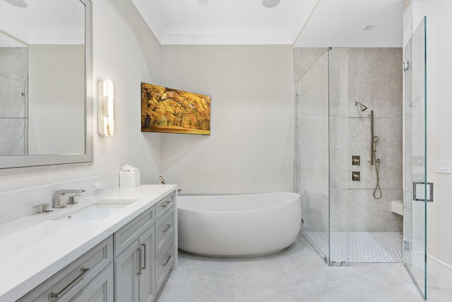 bathroom with vanity, shower with separate bathtub, and crown molding