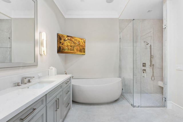 bathroom featuring vanity, shower with separate bathtub, tile patterned flooring, and crown molding