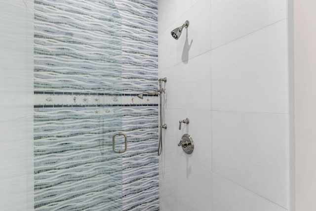 interior details featuring a shower with door