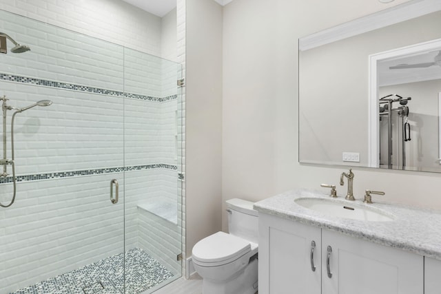 bathroom with vanity, an enclosed shower, and toilet