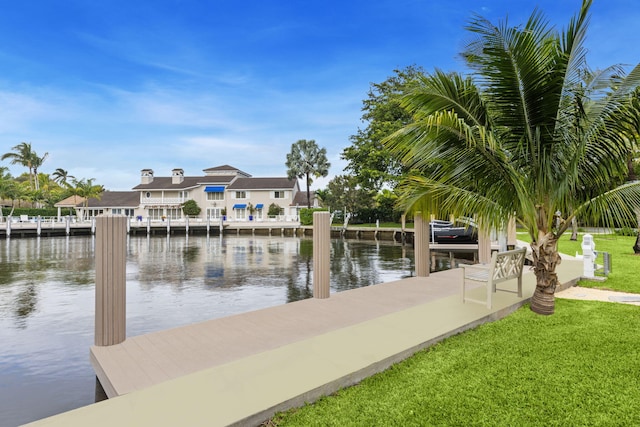 dock area featuring a water view and a yard