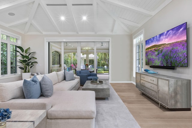 living room with high vaulted ceiling, light wood-type flooring, beamed ceiling, and wooden ceiling