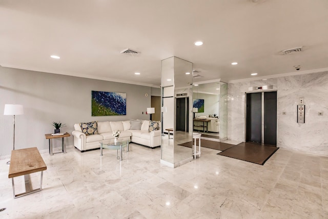 living room with elevator, light tile flooring, and ornamental molding