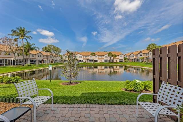 view of patio / terrace featuring a water view