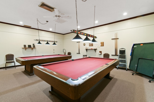 game room with ornamental molding, light colored carpet, ceiling fan, and pool table