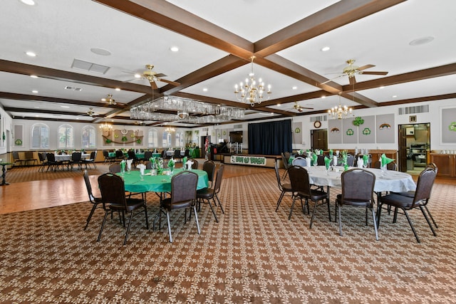 carpeted dining space featuring coffered ceiling, beam ceiling, and ceiling fan with notable chandelier