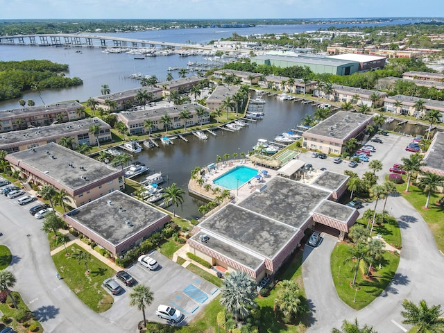 drone / aerial view with a water view