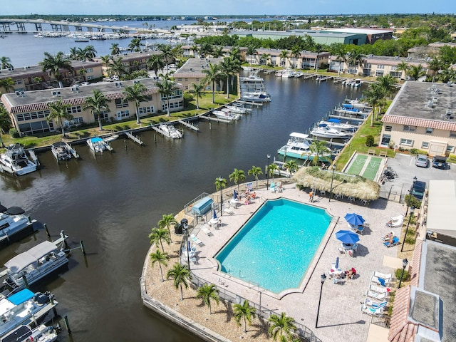 aerial view featuring a water view