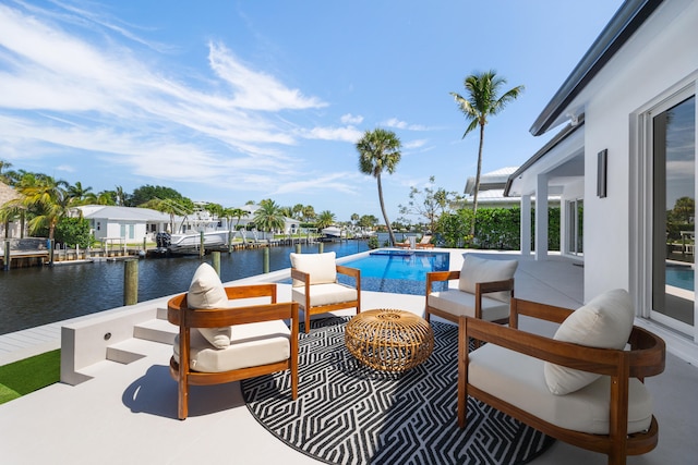 view of terrace with a dock, a water view, and outdoor lounge area