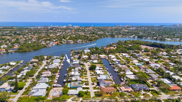 bird's eye view with a water view