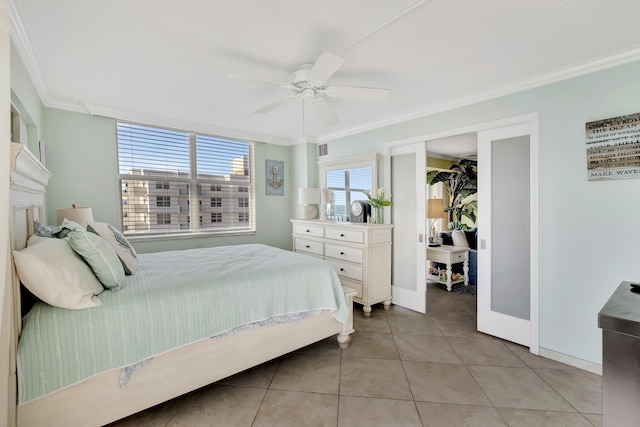 bedroom featuring light tile patterned floors, ceiling fan, and crown molding