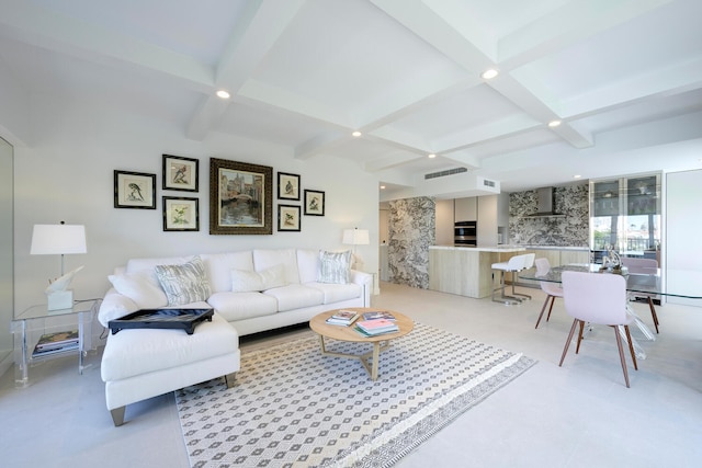 living room featuring coffered ceiling and beamed ceiling