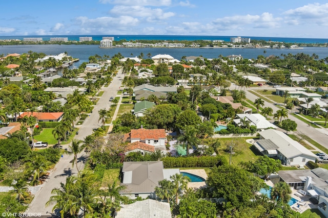 drone / aerial view featuring a water view