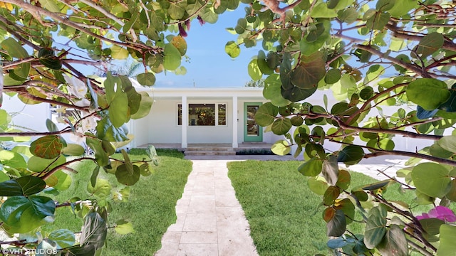 entrance to property featuring a yard