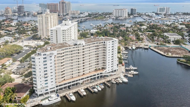 aerial view featuring a water view