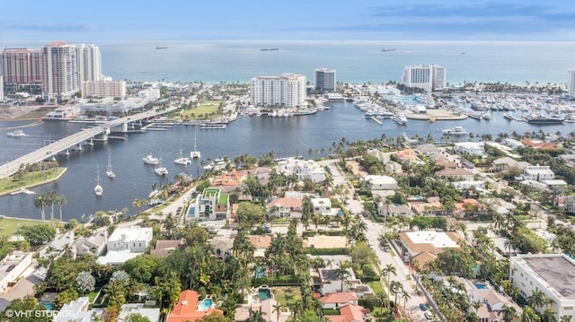 drone / aerial view with a water view