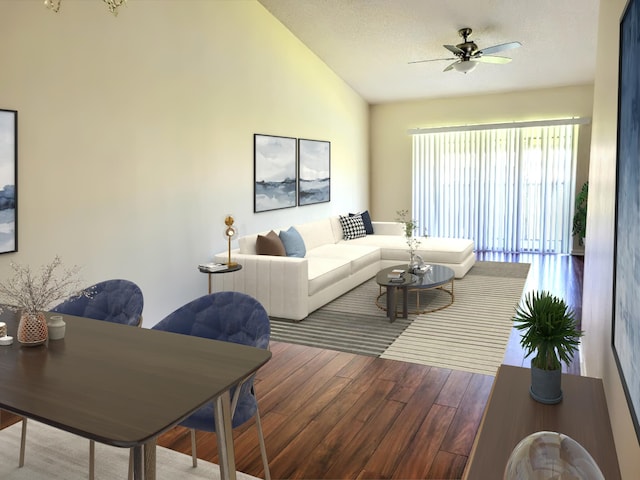 living room featuring ceiling fan, hardwood / wood-style floors, and lofted ceiling