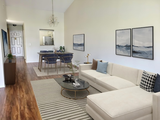 living room with dark wood-type flooring, high vaulted ceiling, and a notable chandelier