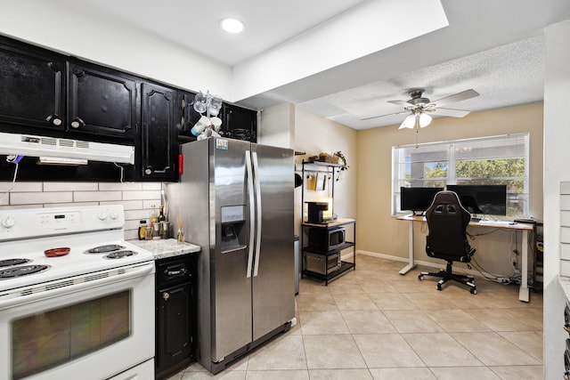 kitchen with electric stove, light tile floors, ceiling fan, stainless steel fridge with ice dispenser, and backsplash