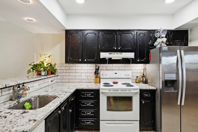 kitchen with stainless steel fridge with ice dispenser, tasteful backsplash, white range with electric stovetop, and light stone counters