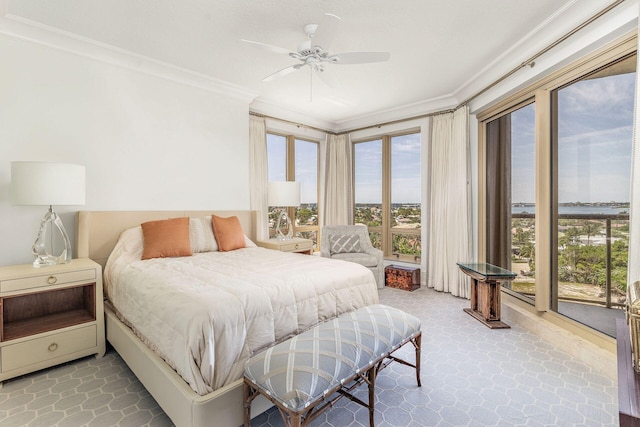 bedroom featuring access to outside, multiple windows, ornamental molding, and ceiling fan