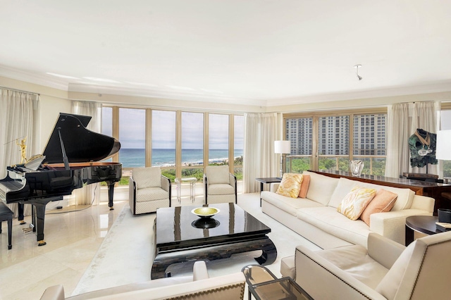 tiled living room featuring a water view and ornamental molding