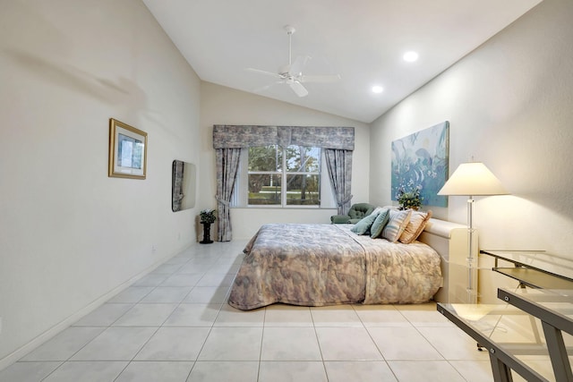 bedroom featuring light tile patterned flooring, ceiling fan, and lofted ceiling