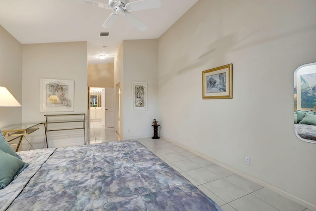 tiled bedroom featuring high vaulted ceiling and ceiling fan