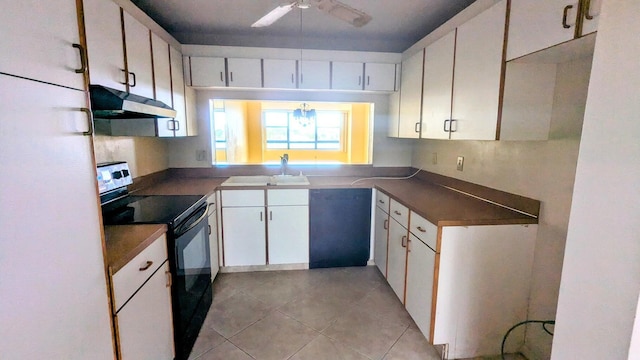 kitchen with black appliances, sink, ceiling fan, light tile patterned floors, and white cabinetry