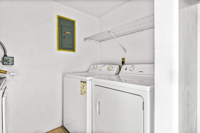 laundry area featuring electric panel and washing machine and clothes dryer