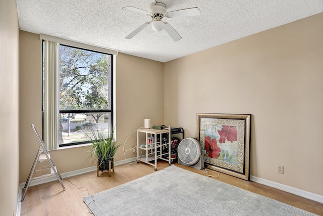 misc room featuring a textured ceiling, ceiling fan, and light wood-type flooring