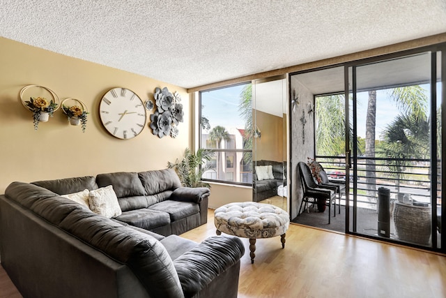 living room with a textured ceiling, light hardwood / wood-style floors, and expansive windows