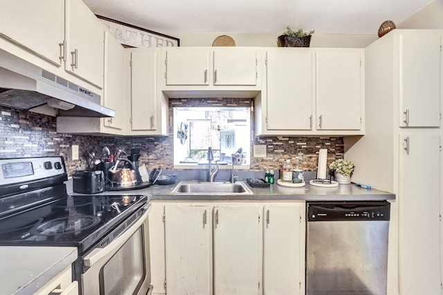 kitchen featuring white cabinets, tasteful backsplash, electric range oven, and dishwasher