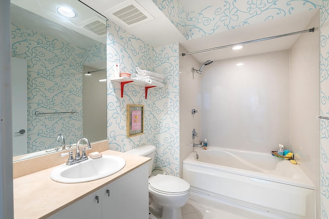 full bathroom with tile patterned flooring, vanity, shower / bath combination, and toilet