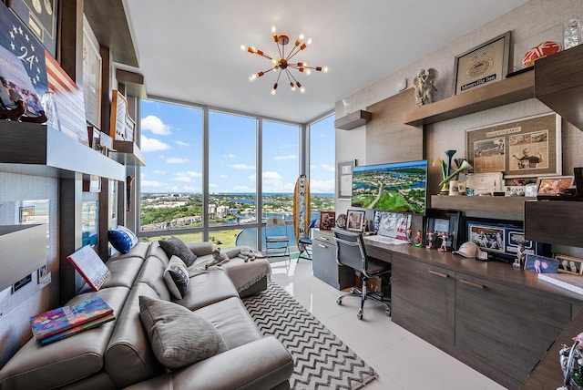 office with a chandelier, floor to ceiling windows, and light tile floors