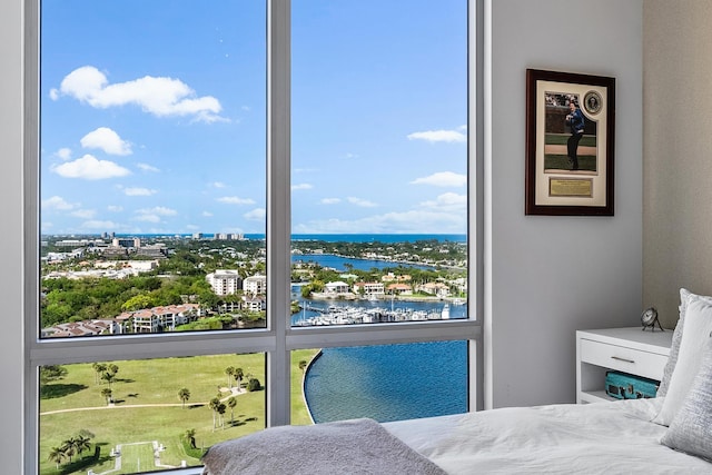 bedroom featuring multiple windows and a water view