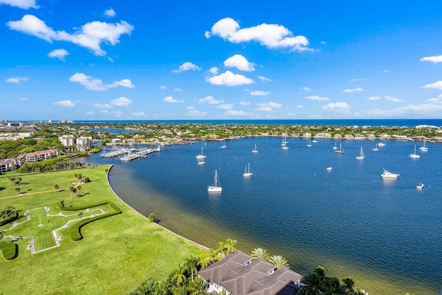 birds eye view of property with a water view