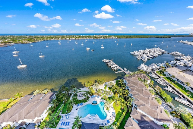 drone / aerial view with a water view